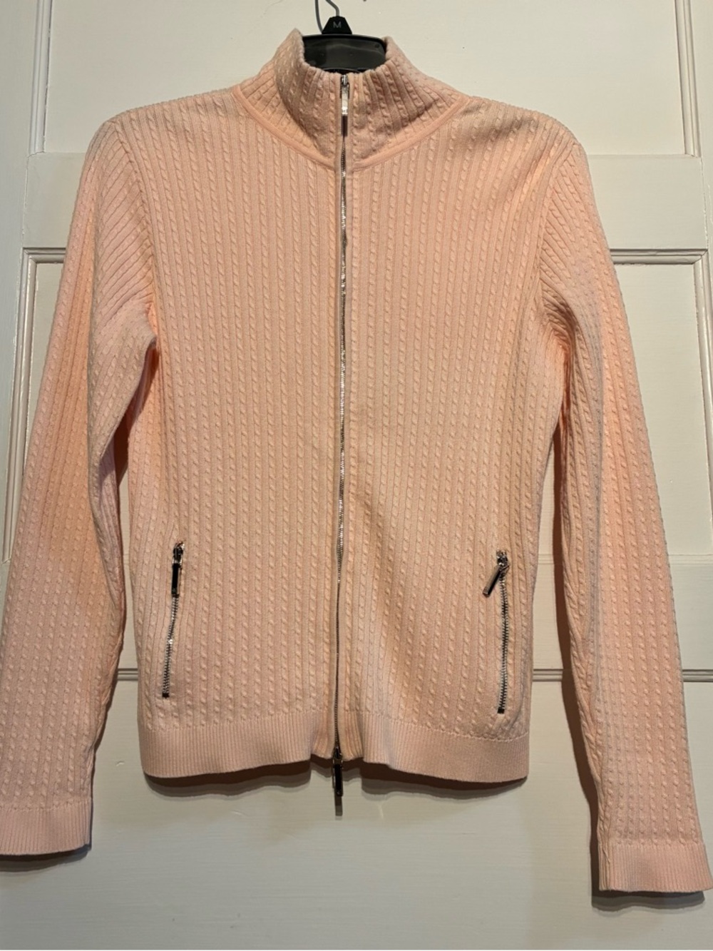 Vintage Lauren Ralph Lauren 100% Cotton Light Pink Zip-Up Cable Knit Cardigan